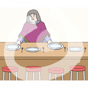 Eine Person steht hinter der Theke einer Bar. Auf der Theke stehen Teller und Gabeln.