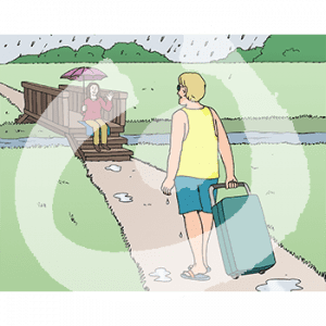 Eine Person sitzt auf den Stufen einer Brücke mit Regenschirm im Regen und winkt. Eine Person mit Koffer läuft auf sie zu.