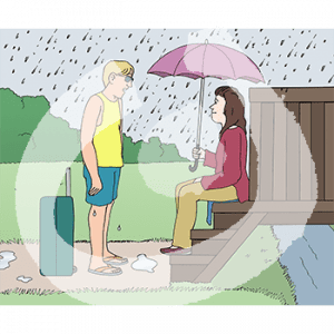 Eine Person sitzt auf den Stufen einer Brücke mit Regenschirm im Regen. Vor ihr steht eine Person mit Koffer.