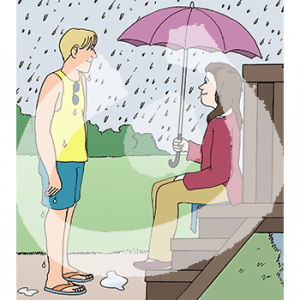 Eine Person sitzt auf den Stufen einer Brücke mit Regenschirm im Regen. Vor ihr steht eine Person.