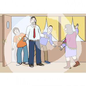 Zwei Jugendliche stehen neben einem Erwachsenen in einer Tür und breiten die Arme aus. Eine andere Person steht davor und breitet auch die Arme aus.