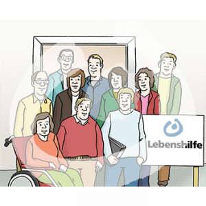 Eine Gruppe von Personen mit und ohne Rollstuhl. Daneben ist ein Schild mit der Aufschrift: Lebenshilfe und dem Lebenshilfe Symbol.