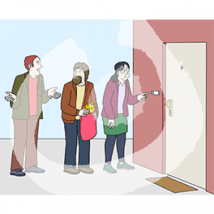 Drei Personen stehen vor einer Haustür. Eine Person drückt die Klingel.