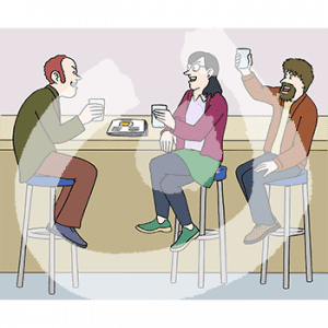 Drei Personen mit Gläsern in der Hand sitzen an einer Theke und prosten sich zu.