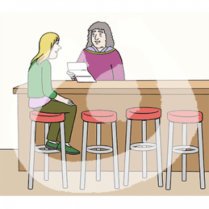 Eine Person sitzt an einer Theke. Eine Person steht hinter der Theke und guckt auf einen Zettel.