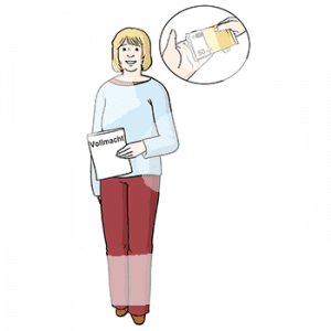 Eine Frau hat ein Dokument mit der Aufschrift: Vollmacht in der Hand. Daneben ist ein Kreis mit einem Bild, auf dem eine Hand Geld in eine andere Hand legt.