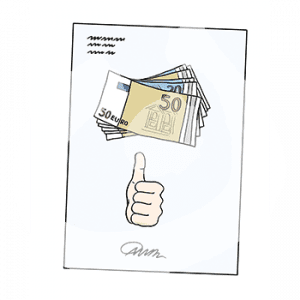 Ein Dokument mit einer Unterschrift und zwei Bildern. Ein Bild zeigt einen Daumen nach oben, das andere Geldscheine.