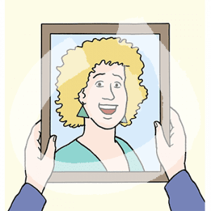 Zwei Hände halten einen Rahmen mit dem Portrait einer lächelnden Frau fest.