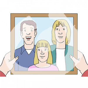 Zwei Hände halten einen Rahmen mit dem Portrait von einer Frau, einem Mann und einem Kind fest.