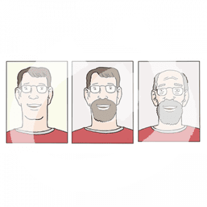 Drei Portraits eines Mannes nebeneinander. Auf dem ersten Bild hat er keinen Bart, auf dem zweiten hat er einen. Auf dem dritten hat er weniger und graue Haare, einen Bart und Falten.
