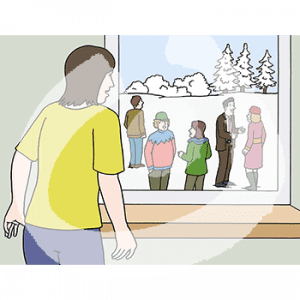 Eine Person guckt aus dem Fenster. Draußen liegt Schnee und eine Gruppe von Menschen unterhält sich.