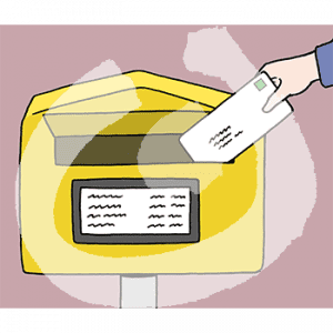 Eine Hand wirft einen Brief in einen gelben Briefkasten.