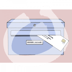 Ein Brief steckt in einen Briefkasten, der an einer Wand hängt.