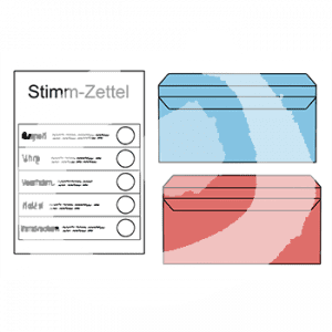 Ein Dokument mit Kästen und Kreisen darin mit der Überschrift: Stimmzettel. Daneben ist ein blauer und ein roter Briefumschlag.