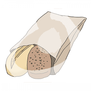 Eine Papiertüte aus der zwei Brötchen rausgucken.