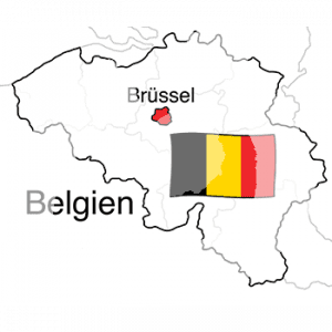 Umriss von Belgien. Brüssel rot markiert. In der Mitte ist die belgische Flagge.