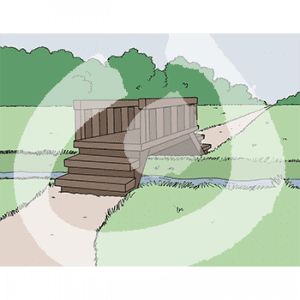 Eine Brücke aus Holz im Grünen.