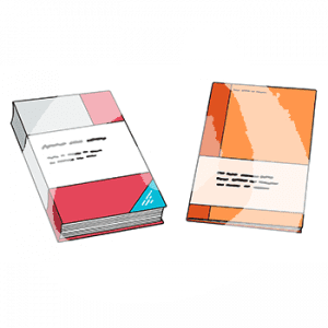 Ein Buch und ein Heft mit Aufschriften.