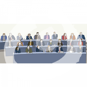 Eine Gruppe von Menschen sitzt verteilt auf drei Parlamentsbänken.