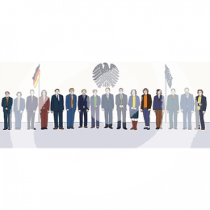 Sechzehn Personen in Anzügen stehen vor einer Deutschlandflagge, einer Europaflagge und dem Bundeswappen.