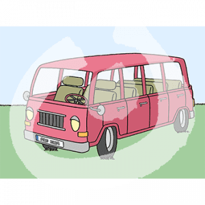 Ein Bus mit fünf Sitzreihen.