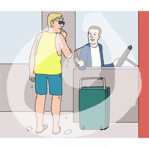 Eine tropfende Person steht mit Koffer in einem Bus. Der Busfahren zeigt auf sie.