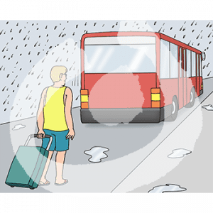 Eine Person läuft mit Koffer im Regen auf einen Bus zu.