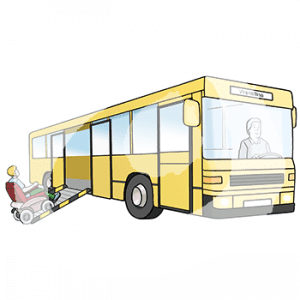 Eine Person im Rollstuhl fährt über eine Rampe in einen gelben Bus.