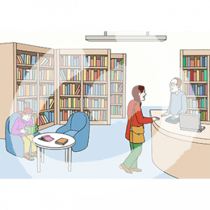 Eine Person steht an einer Theke, dahinter steht eine weitere Person. Im Hintergrund sind Regale mit Büchern und eine Sitzecke mit einer lesenden Person.