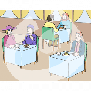 Fünf Personen sitzen verteilt an kleinen Tischen. Sie essen Kuchen und haben Tassen vor sich stehen.