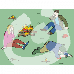 Ein Haufen Holzscheite, sowie einzelne verteilte Stöcker brennen auf einer Wiese. Eine Person guckt erschrocken auf das Feuer. Eine andere auf eine blutende, am Boden liegende Person.