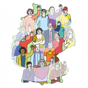 Unterschiedliche Menschen sind innerhalb einer Fläche in Form von Deutschland. Zum Beispiel Menschen mit unterschiedlichen Hautfarben und Kleidungen.