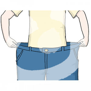 Oberkörper und Unterkörper einer Person in einer zu großen Hose.