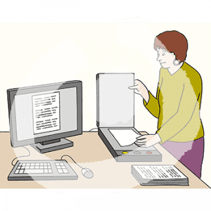 Eine Person steht vor einem Tisch und legt ein Blatt in einen Scanner. Daneben liegt ein Stapel Papiere. Davor steht ein Computer, auf dem Bildschirm ist ein Blatt Papier.