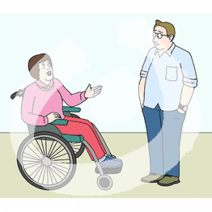 Ein ängstlicher Mann steht vor einer Frau im Rollstuhl.