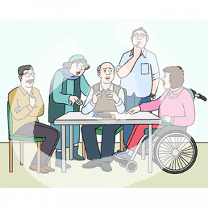 Fünf Personen stehen und sitzen hinter einem Tisch. Eine Person meldet sich, eine hält einen Finger an den Mund und drei Personen reden miteinander.