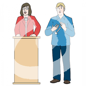 Eine Person steht hinter einem Rednerpult, daneben ist eine andere Person und gebärdet.