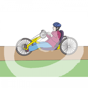 Eine Person auf einem Dreirad mit Handantriebt fährt über einen Weg.