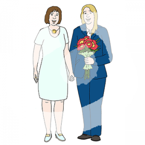 Zwei Frauen in festlicher Kleidung halten Händchen. Eine hat einen Blumenstrauß in der Hand.