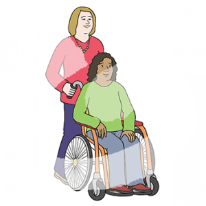 Eine Person schiebt eine andere Person im Rollstuhl.