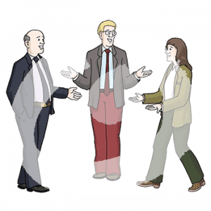 Drei fröhliche Personen stehen im Halbkreis mit erhobenen Händen.