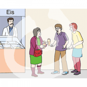 Drei Personen stehen vor einem Laden mit der Überschrift: Eis. Eine der Personen reicht den anderen jeweils eine Waffel mit Eiskugeln. Eine Person steht hinter der Theke.