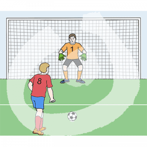 Zwei Personen mit Fußballtrikots. Eine steht in einem Tor, die andere davor. Der Ball liegt auf dem Elfmeterpunkt.