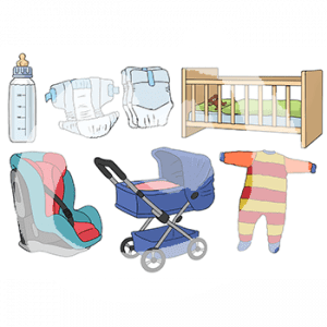Sechs Bilder. Eine Babyflasche, Windeln, ein Gitterbett, ein Kindersitz, ein Kinderwagen, ein Strampler.