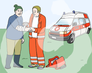 Eine Person mit Sanitäter Uniform verbindet einer Person den Arm. Im Hintergrund steht ein Auto mit Sirenen, der Nummer 112 und einem weißen Kreuz auf rotem Untergrund.