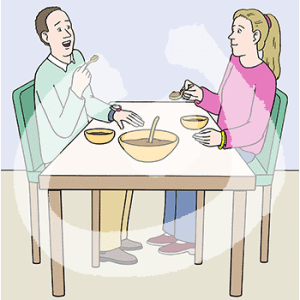 Zwei Personen sitzen an einem Tisch. Sie führen einen Löffel zum Mund. Vor ihnen stehen Schüsseln mit Essen, daneben eine große Schüssel.