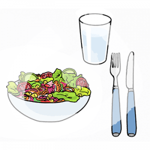 Eine Schüssel mit Salat, daneben Besteck und ein Glas Wasser.