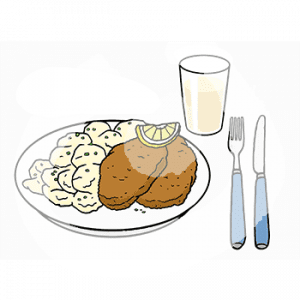 Ein Teller mit Kartoffelsalat und Schnitzeln, daneben Besteck und ein Glas.