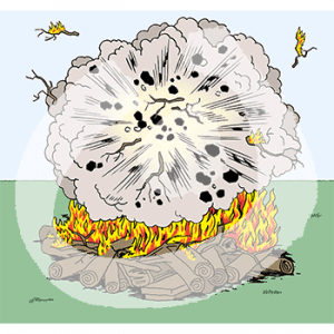 Ein brennender Stapel mit Holz, darüber eine Explosion. Kleine brennende Holzstücke fliegen weg.