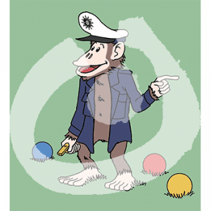 Ein Affe in Polizeiuniform steht neben drei Jonglierbällen. Er hält in einer Hand eine Trillerpfeife.